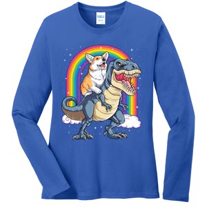 Corgi Riding Dinosaur T Rex Space Galaxy Rainbow Gift Ladies Long Sleeve Shirt