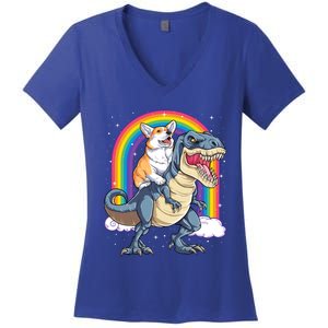 Corgi Riding Dinosaur T Rex Space Galaxy Rainbow Gift Women's V-Neck T-Shirt