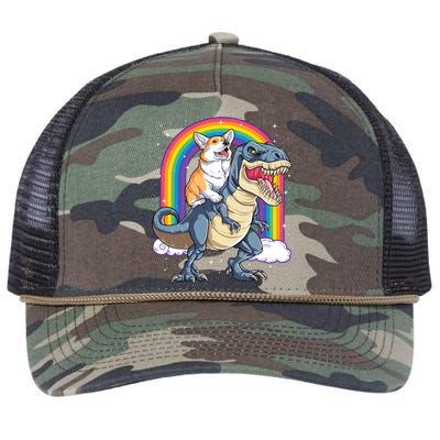 Corgi Riding Dinosaur T Rex Space Galaxy Rainbow Gift Retro Rope Trucker Hat Cap