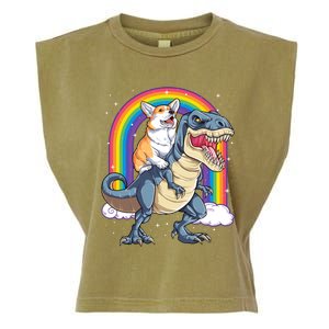 Corgi Riding Dinosaur T Rex Space Galaxy Rainbow Gift Garment-Dyed Women's Muscle Tee