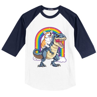 Corgi Riding Dinosaur T Rex Space Galaxy Rainbow Gift Baseball Sleeve Shirt