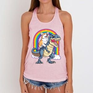 Corgi Riding Dinosaur T Rex Space Galaxy Rainbow Gift Women's Knotted Racerback Tank