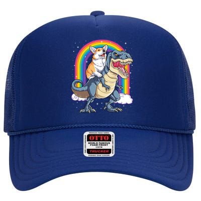 Corgi Riding Dinosaur T Rex Space Galaxy Rainbow Gift High Crown Mesh Back Trucker Hat