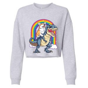 Corgi Riding Dinosaur T Rex Space Galaxy Rainbow Gift Cropped Pullover Crew