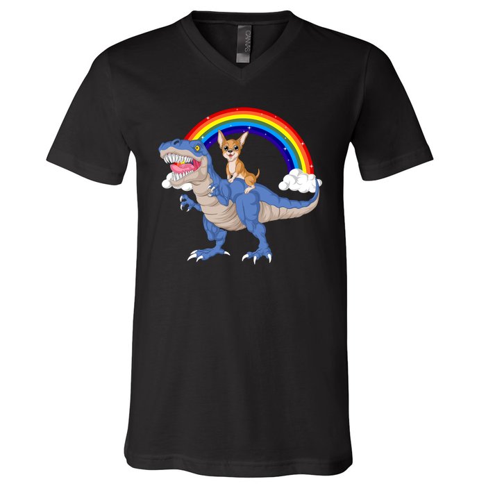 Chihuahua Riding Dinosaur V-Neck T-Shirt