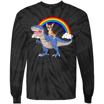 Chihuahua Riding Dinosaur Tie-Dye Long Sleeve Shirt