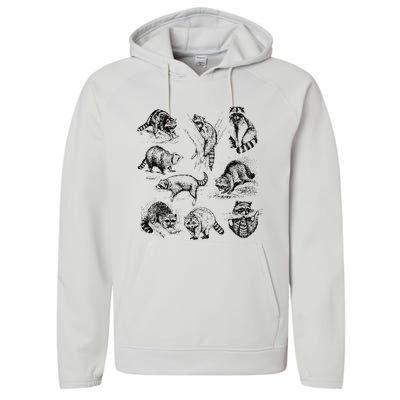 Cute Raccoon Drawing Racoon Portrait Sketch Wild Trash Panda Performance Fleece Hoodie