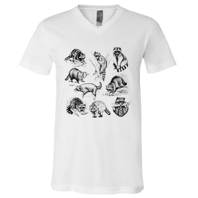 Cute Raccoon Drawing Racoon Portrait Sketch Wild Trash Panda V-Neck T-Shirt