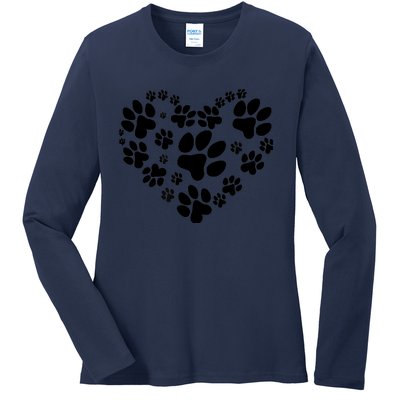 Cute Rescue Dog And Cat Lover Gift, Paw Print Heart Graphic Ladies Long Sleeve Shirt