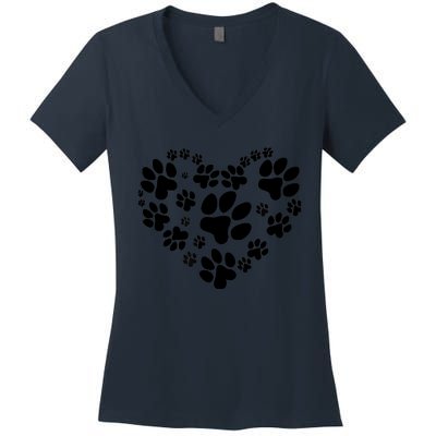 Cute Rescue Dog And Cat Lover Gift, Paw Print Heart Graphic Women's V-Neck T-Shirt