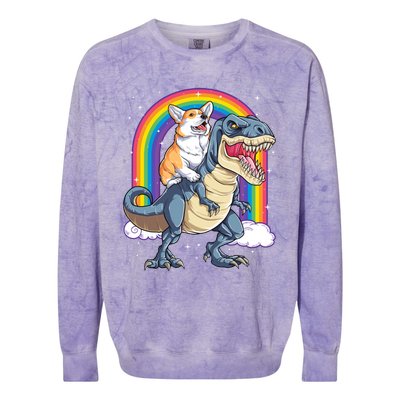 Corgi Riding Dinosaur T Rex Space Galaxy Rainbow Gift Colorblast Crewneck Sweatshirt