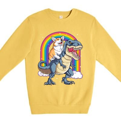 Corgi Riding Dinosaur T Rex Space Galaxy Rainbow Gift Premium Crewneck Sweatshirt