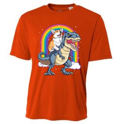 Corgi Riding Dinosaur T Rex Space Galaxy Rainbow Gift Cooling Performance Crew T-Shirt