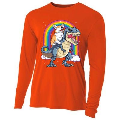 Corgi Riding Dinosaur T Rex Space Galaxy Rainbow Gift Cooling Performance Long Sleeve Crew