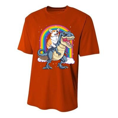 Corgi Riding Dinosaur T Rex Space Galaxy Rainbow Gift Performance Sprint T-Shirt