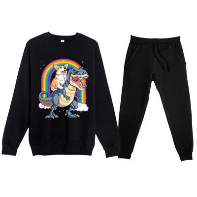 Corgi Riding Dinosaur T Rex Space Galaxy Rainbow Gift Premium Crewneck Sweatsuit Set