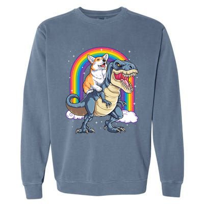 Corgi Riding Dinosaur T Rex Space Galaxy Rainbow Gift Garment-Dyed Sweatshirt