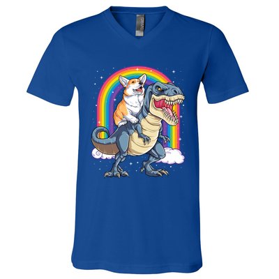 Corgi Riding Dinosaur T Rex Space Galaxy Rainbow Gift V-Neck T-Shirt