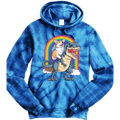 Corgi Riding Dinosaur T Rex Space Galaxy Rainbow Gift Tie Dye Hoodie