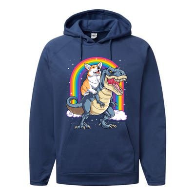 Corgi Riding Dinosaur T Rex Space Galaxy Rainbow Gift Performance Fleece Hoodie