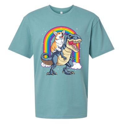 Corgi Riding Dinosaur T Rex Space Galaxy Rainbow Gift Sueded Cloud Jersey T-Shirt