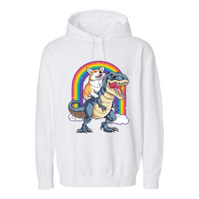 Corgi Riding Dinosaur T Rex Space Galaxy Rainbow Gift Garment-Dyed Fleece Hoodie