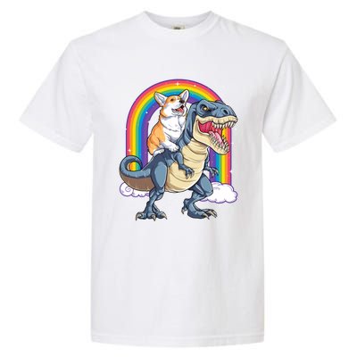 Corgi Riding Dinosaur T Rex Space Galaxy Rainbow Gift Garment-Dyed Heavyweight T-Shirt