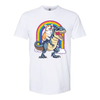 Corgi Riding Dinosaur T Rex Space Galaxy Rainbow Gift Softstyle CVC T-Shirt