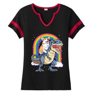 Corgi Riding Dinosaur T Rex Space Galaxy Rainbow Gift Ladies Halftime Notch Neck Tee