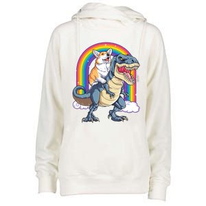 Corgi Riding Dinosaur T Rex Space Galaxy Rainbow Gift Womens Funnel Neck Pullover Hood