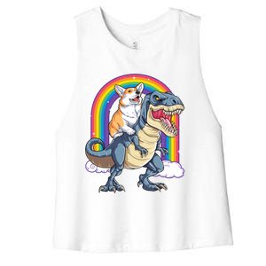 Corgi Riding Dinosaur T Rex Space Galaxy Rainbow Gift Women's Racerback Cropped Tank