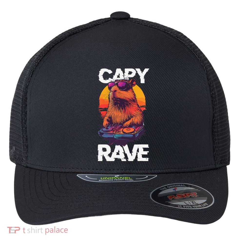 Capybara Raves Dj Rave Techno Edm Party Festival Turntable Flexfit Unipanel Trucker Cap