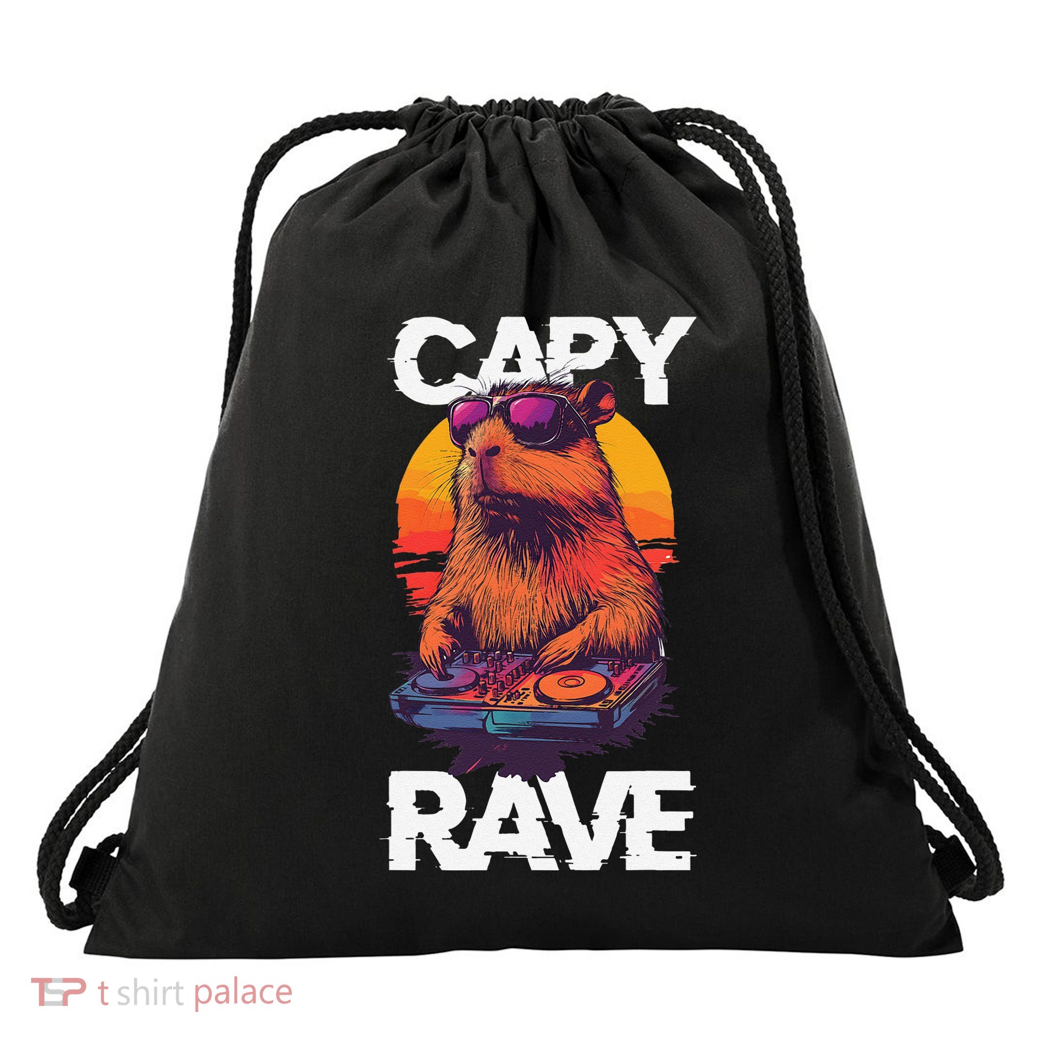 Capybara Raves Dj Rave Techno Edm Party Festival Turntable Drawstring Bag