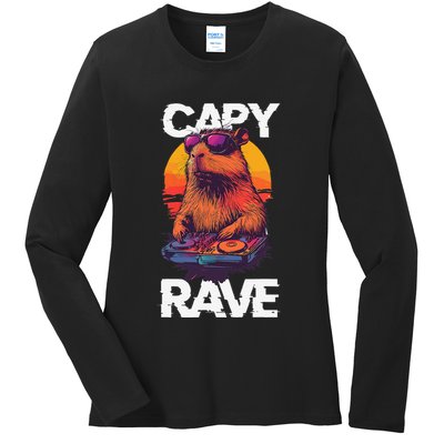 Capybara Raves Dj Rave Techno Edm Party Festival Turntable Ladies Long Sleeve Shirt