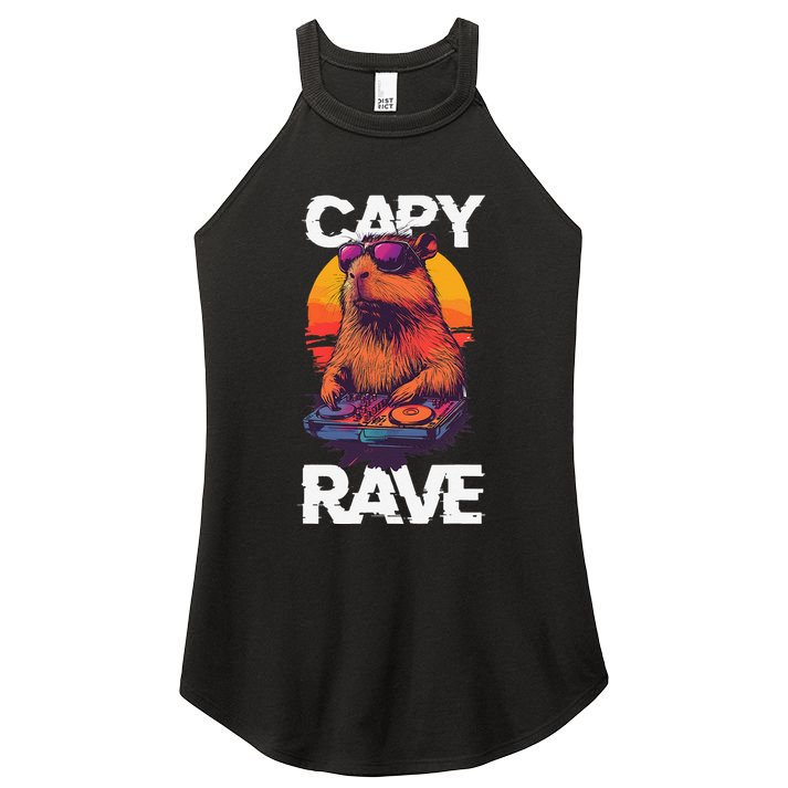 Capybara Raves Dj Rave Techno Edm Party Festival Turntable Women's Perfect Tri Rocker Tank
