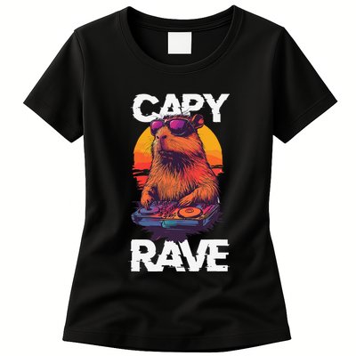 Capybara Raves Dj Rave Techno Edm Party Festival Turntable Womens T-Shirt