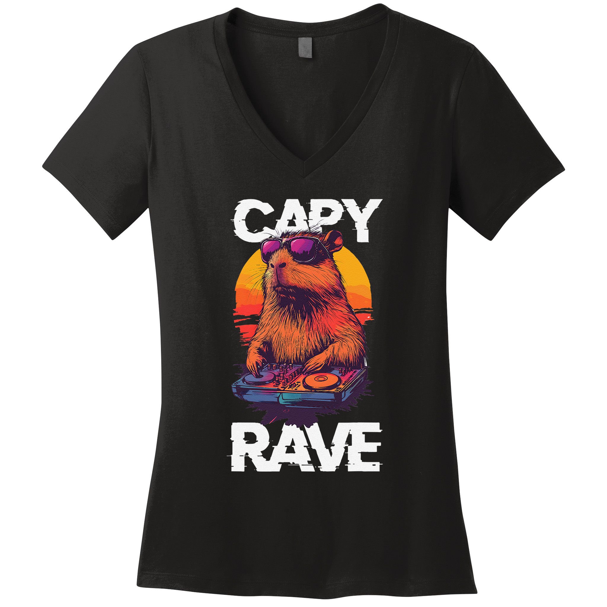 Capybara Raves Dj Rave Techno Edm Party Festival Turntable Women's V-Neck T-Shirt