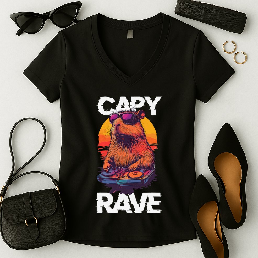 Capybara Raves Dj Rave Techno Edm Party Festival Turntable Women's V-Neck T-Shirt