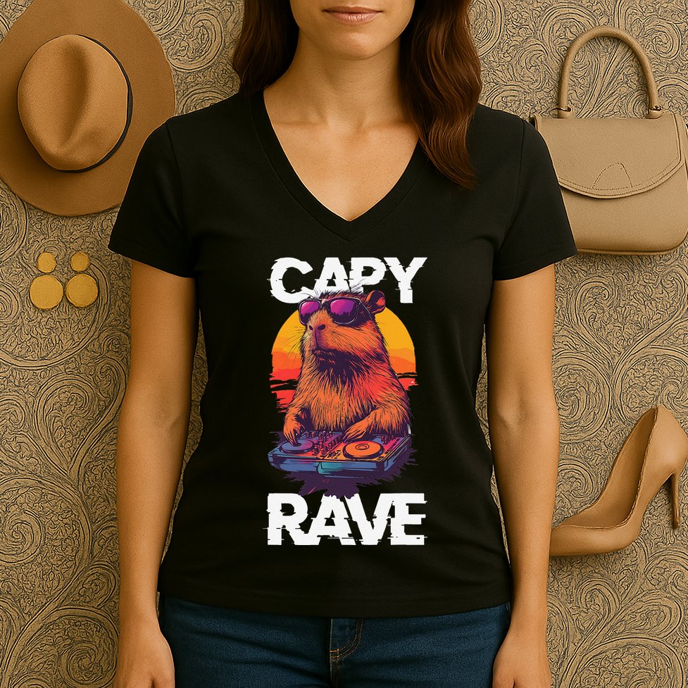 Capybara Raves Dj Rave Techno Edm Party Festival Turntable Women's V-Neck T-Shirt
