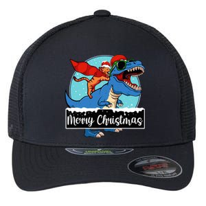 Cat Riding Dinosaur Christmas Pajama Cute Trex Santa Hat Flexfit Unipanel Trucker Cap