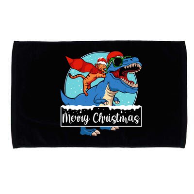 Cat Riding Dinosaur Christmas Pajama Cute Trex Santa Hat Microfiber Hand Towel