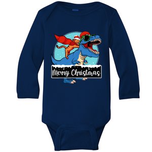 Cat Riding Dinosaur Christmas Pajama Cute Trex Santa Hat Baby Long Sleeve Bodysuit