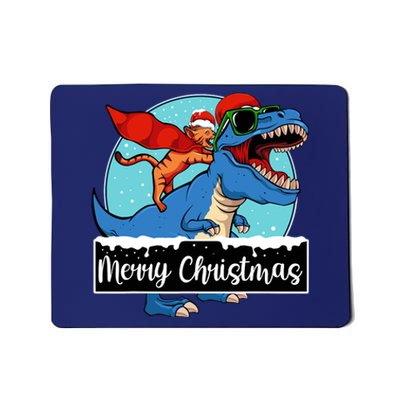 Cat Riding Dinosaur Christmas Pajama Cute Trex Santa Hat Mousepad