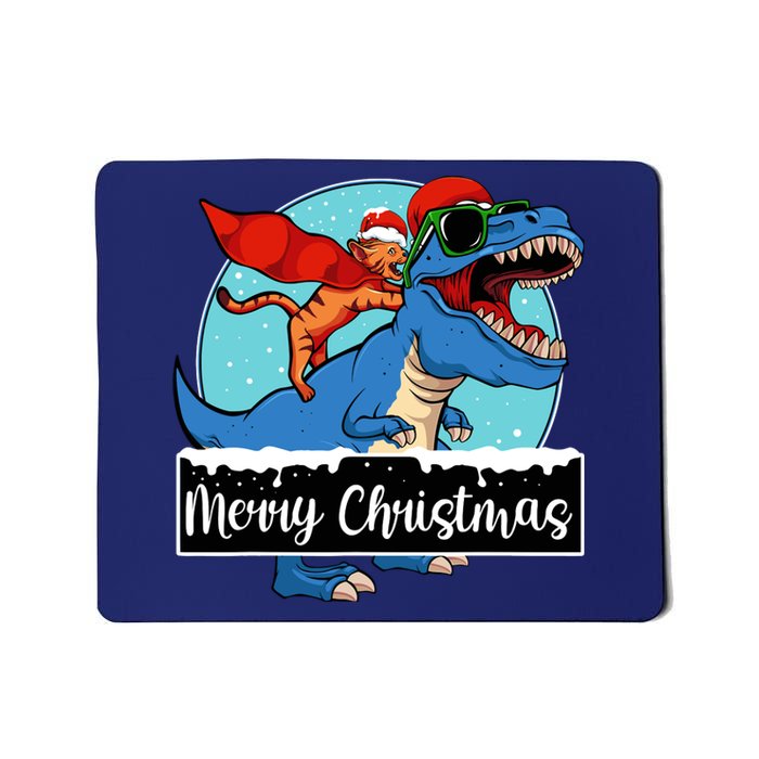 Cat Riding Dinosaur Christmas Pajama Cute Trex Santa Hat Mousepad