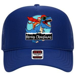 Cat Riding Dinosaur Christmas Pajama Cute Trex Santa Hat High Crown Mesh Back Trucker Hat