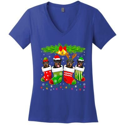 Cute Rottweiler Dog In Sock Christmas Santa Xmas Dog Great Gift Women's V-Neck T-Shirt