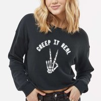 Creep It Real Skeleton Hand Funny Halloween  Cropped Pullover Crew