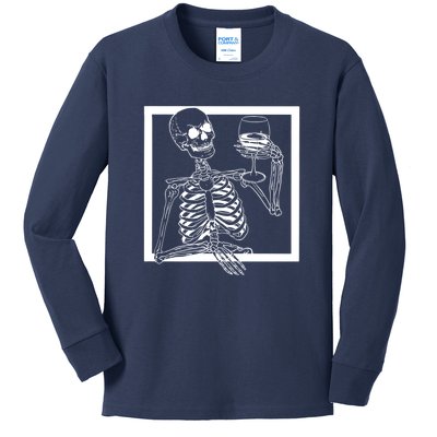 Creepy Skeleton Wine Kids Long Sleeve Shirt