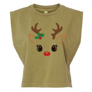 Cute Reindeer Face Christmas Garment-Dyed Women's Muscle Tee