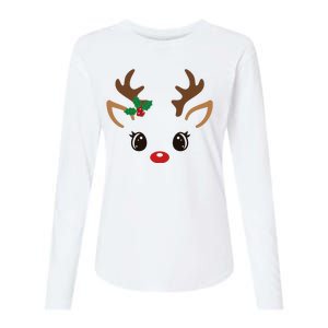 Cute Reindeer Face Christmas Womens Cotton Relaxed Long Sleeve T-Shirt